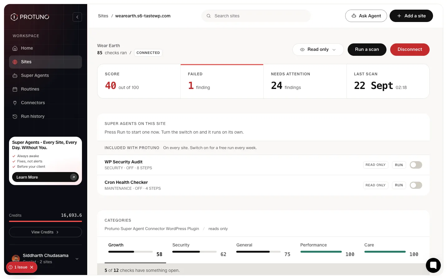 A Protuno site report showing the score out of 100, failed and needs-attention counts, and the last scan time