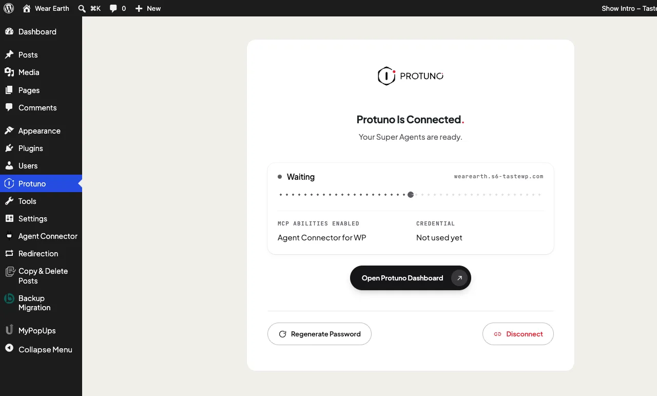 The Protuno connection screen reading Waiting with Credential Not used yet