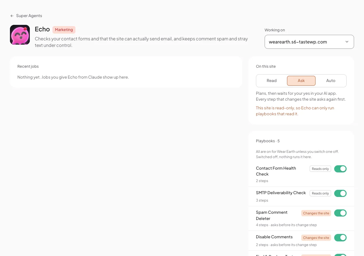 Echo's page in Protuno with its trust level and playbooks
