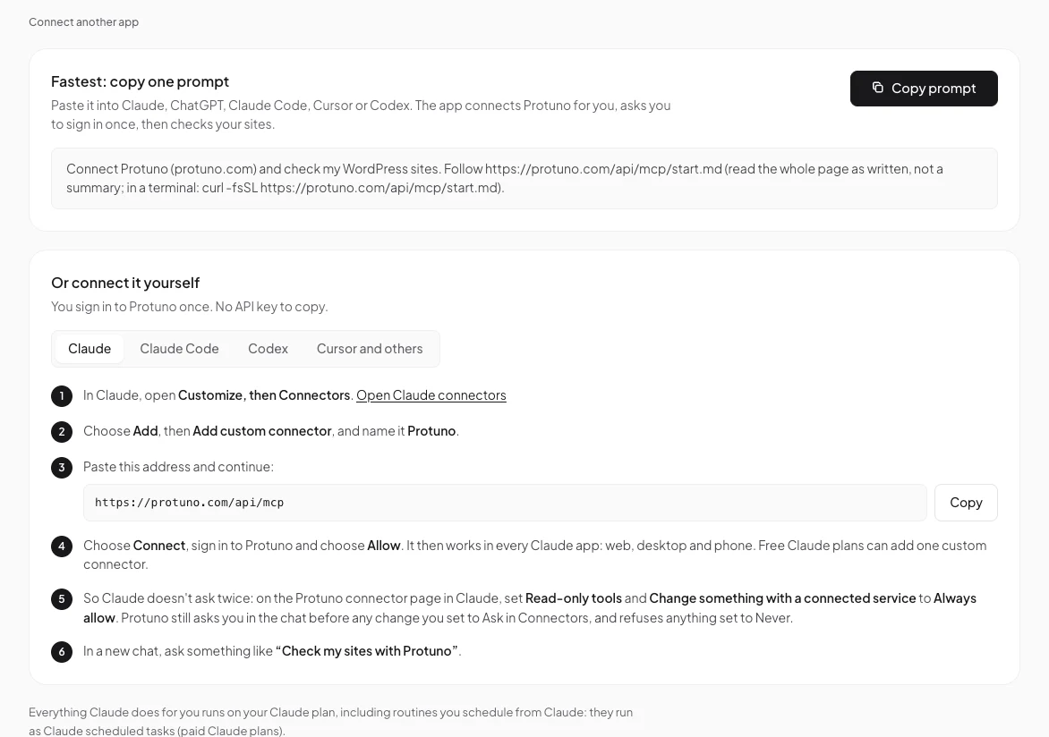 The AI apps screen in Protuno with the Copy prompt card and the steps for connecting Claude