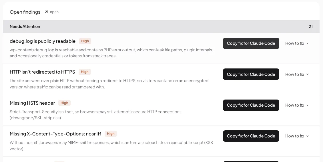 Open findings on a connected site, each with a Copy fix for Claude Code button and a How to fix button